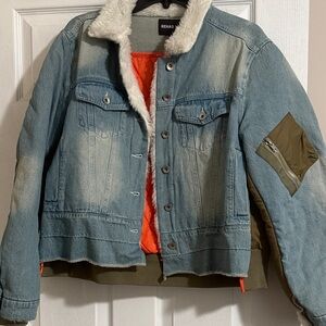 Rehab Denim Bomber Jacket with Orange and Green Details